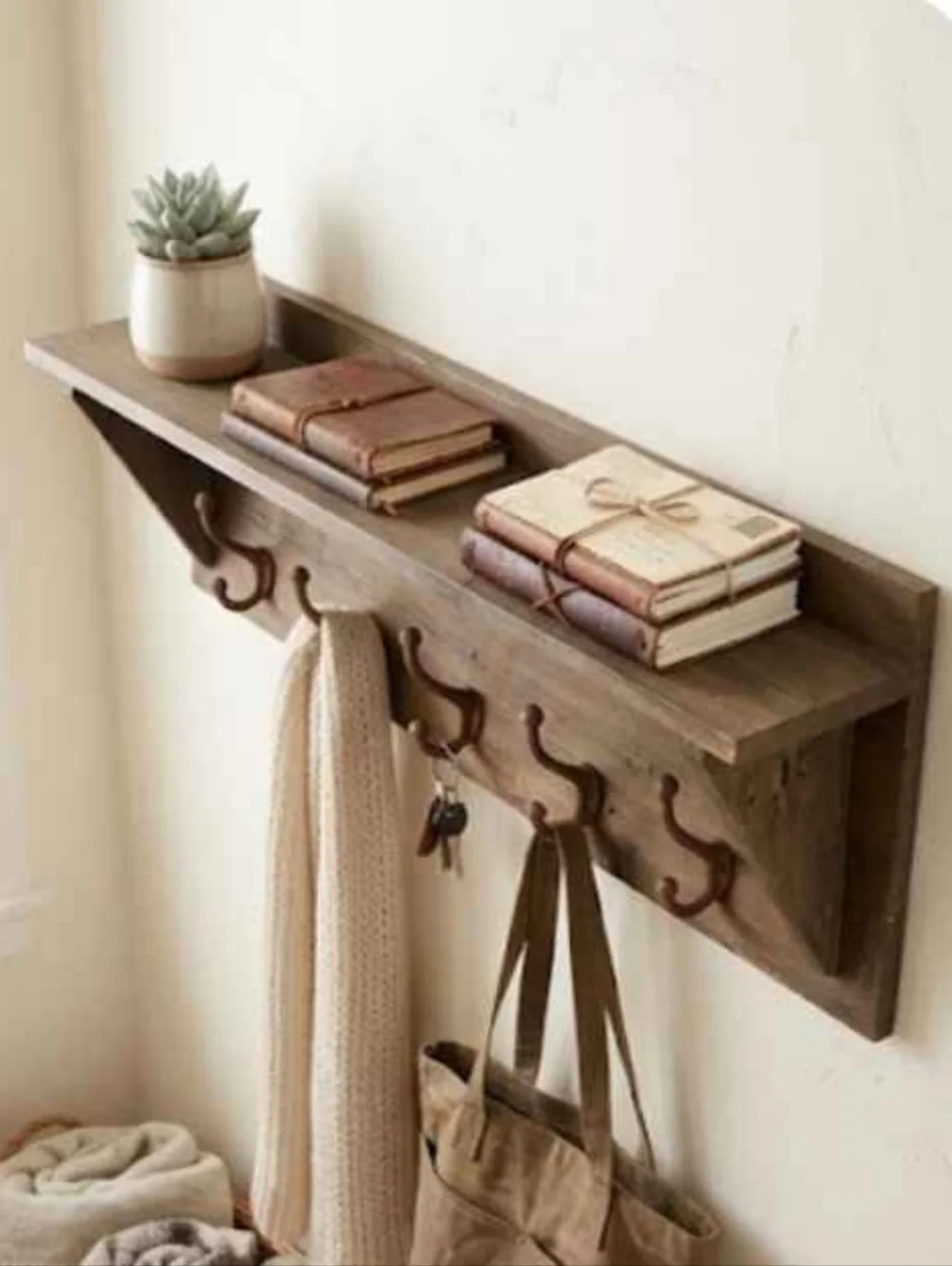Wood Wall Shelf with Five Cast Iron Hooks - Classic Entryway Organizer